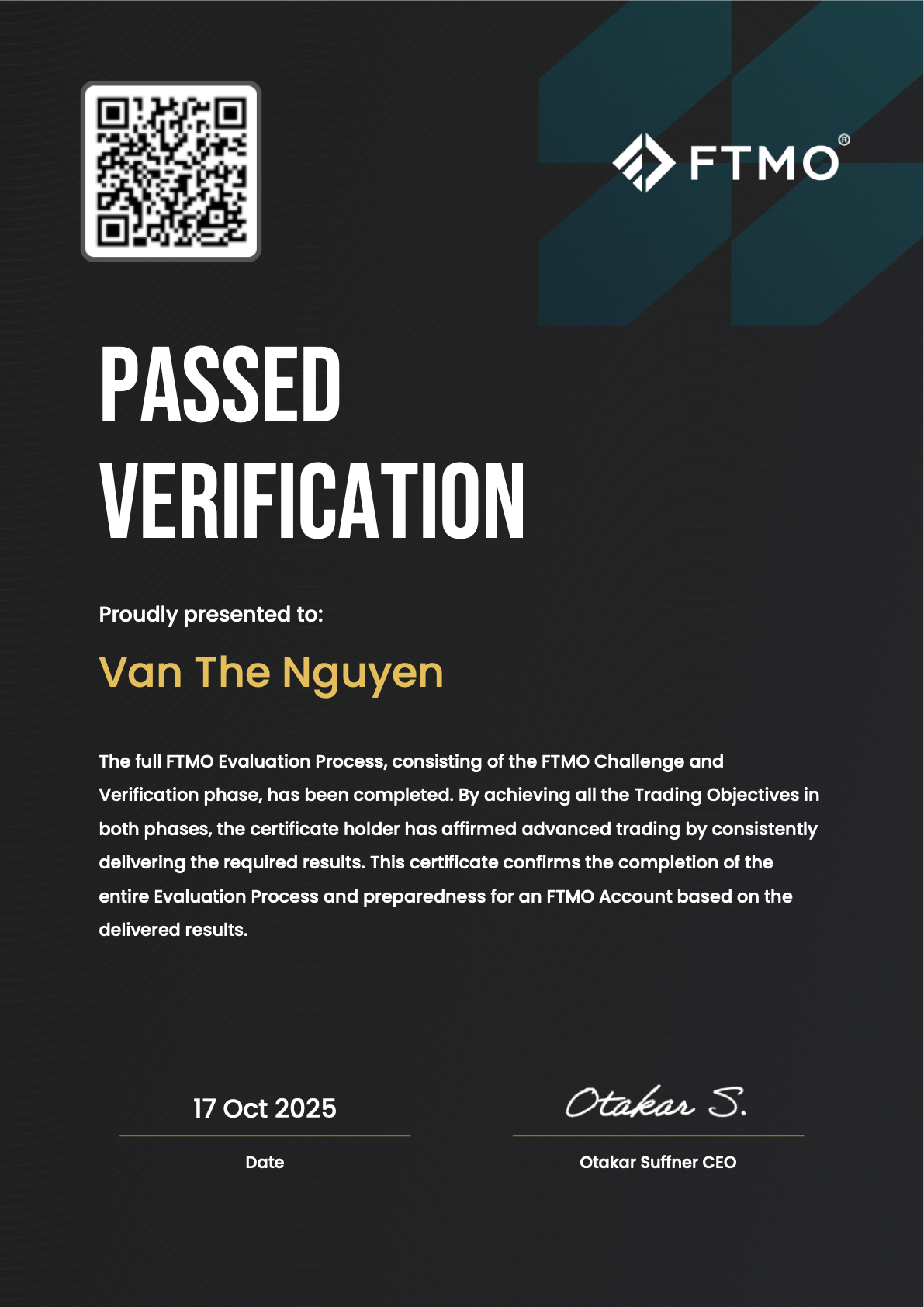 FTMO Certificate Document