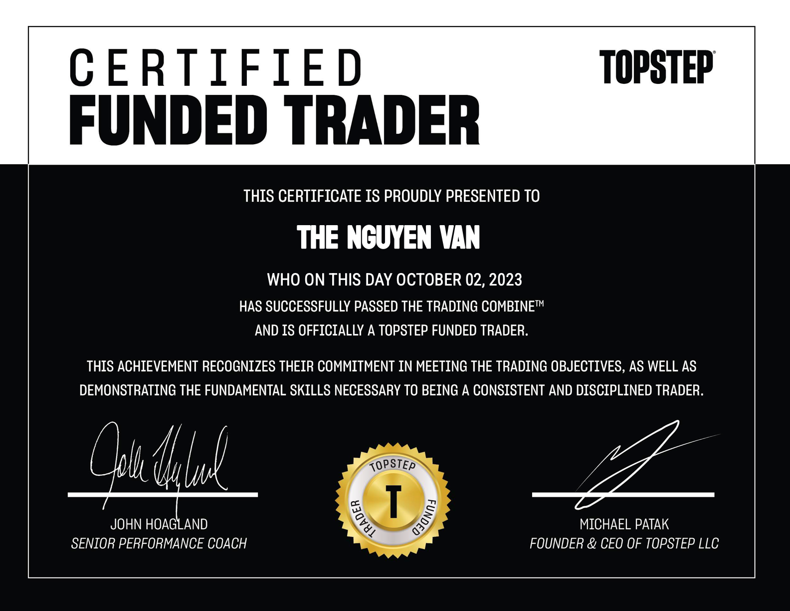 Topstep Funded Certificate