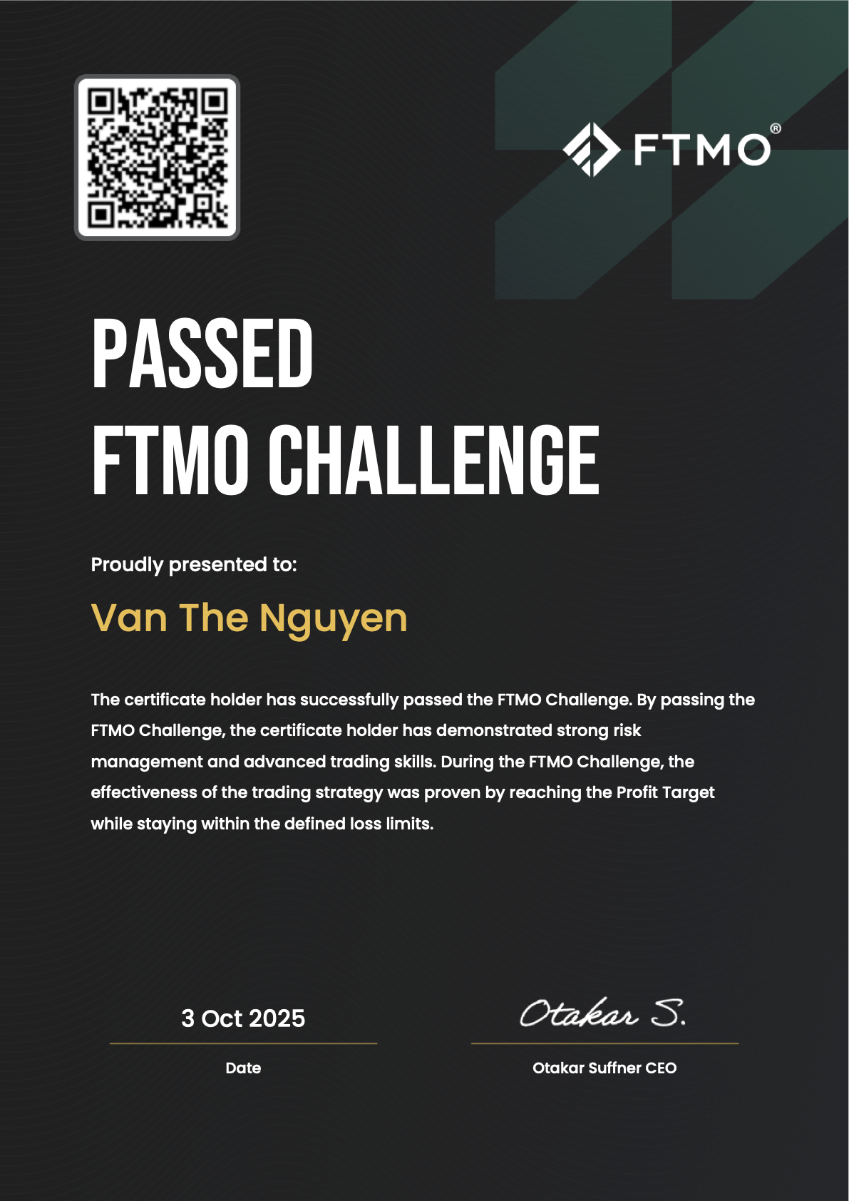 FTMO Challenge Certificate